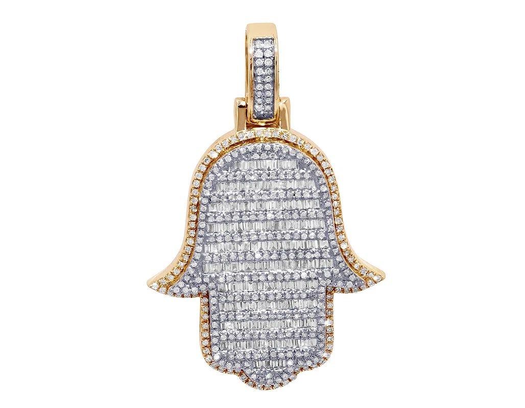BAGUETTE DIAMOND HAMSA PENDANT 14K YELLOW-WHITE GOLD: Baguette Diamond Hamsa Pendant 14K Yellow-White Gold Brand: None Type: Pendant Material: 14K Yellow-White Gold, Main Stone/Creation Natural Color: Yellow-White Gold Size: Dimension L 1.8" x W 1.2"