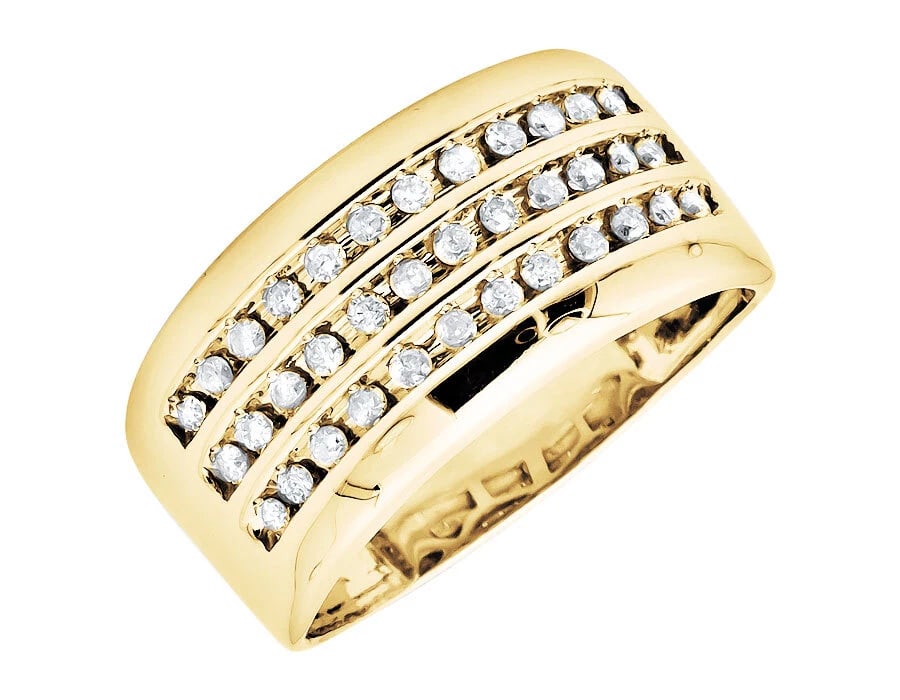 10K YELLOW GOLD THREE ROW CHANNEL-SET DIAMOND RING BAND: 10K Yellow Gold Three Row Channel-Set Diamond Ring Band Brand: None Type: Ring Material: 10K Yellow Gold, Main Stone/Creation Natural Color: Yellow Gold Size: 10 US Accessories: None Accessories