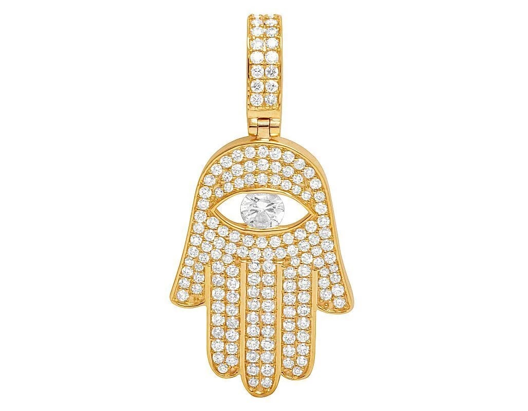 14K YELLOW GOLD DIAMOND EVIL EYE HAMSA HAND PENDANT: 14K Yellow Gold Diamond Evil Eye Hamsa Hand Pendant Brand: None Type: Pendant Material: 14K Yellow Gold, Main Stone/Creation Natural Color: Yellow Gold Size: Dimension 1.75" Accessories: None