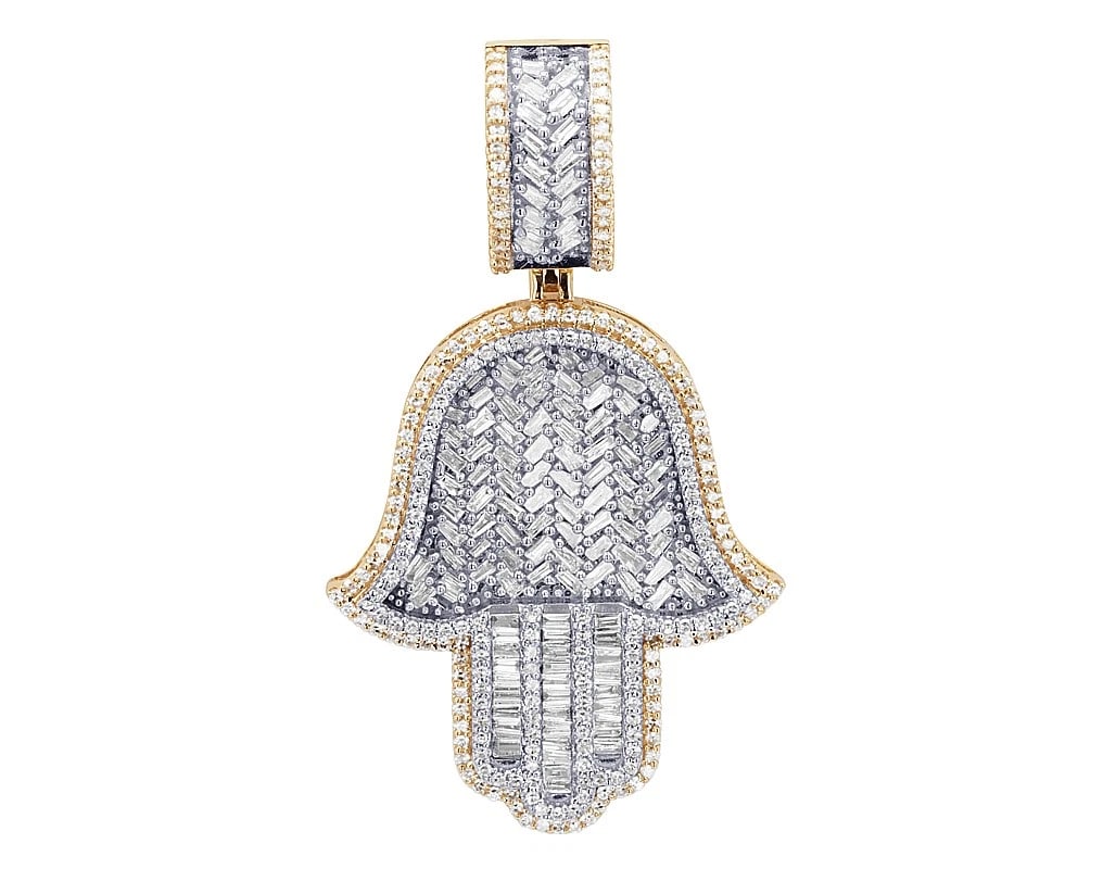 HAMSA HAND BAGUETTE DIAMOND 3D PENDANT 10K YELLOW-WHITE GOLD: Hamsa Hand Baguette Diamond 3D Pendant 10K Yellow-White Gold Brand: None Type: Pendant Material: 10K Yellow-White Gold, Main Stone/Creation Natural Color: Yellow-White Gold Size: Dimension L 1.9" , W 