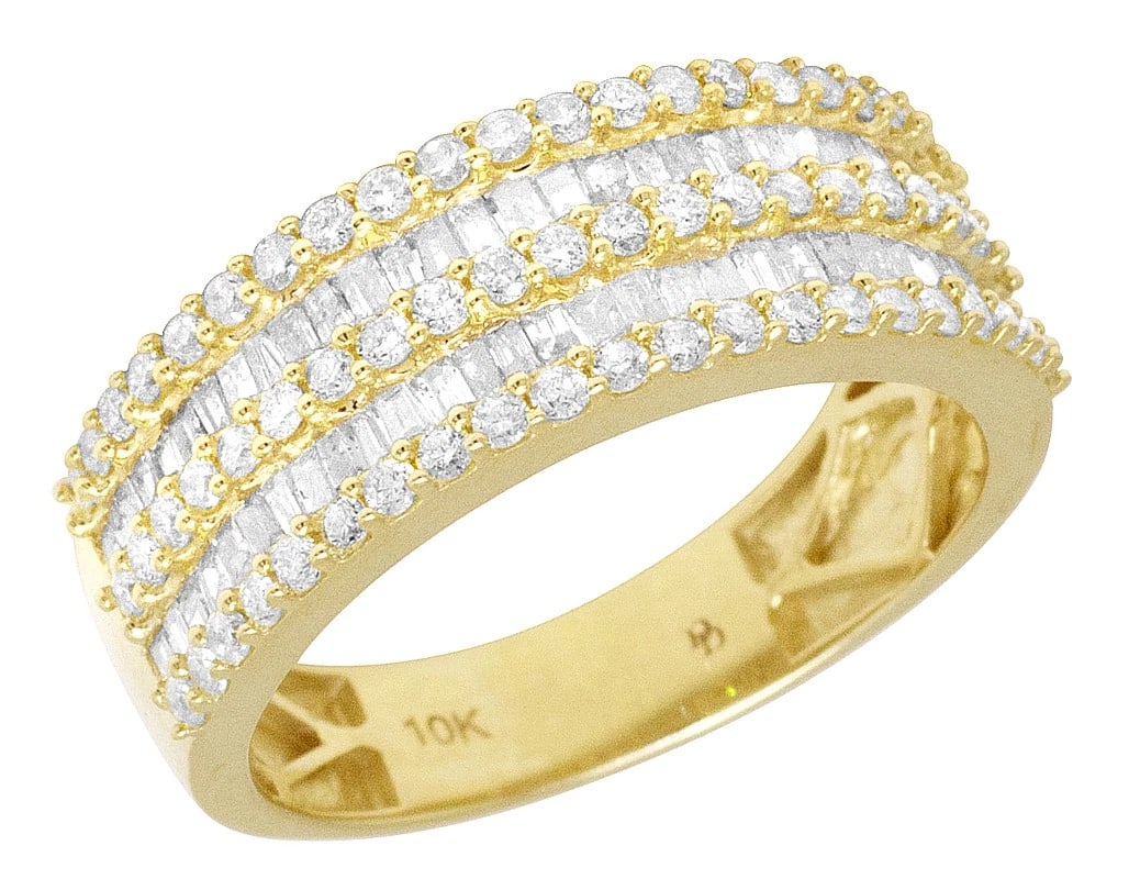 YELLOW GOLD BAGUETTE DIAMOND RING BAND: Yellow Gold Baguette Diamond Ring Band Brand: None Type: Ring Material: 10K Yellow Gold, Main Stone/Creation Natural Color: Yellow Gold Size: 10 US Accessories: None Accessories Notice: Wh