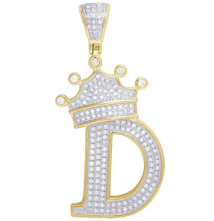 10K YELLOW GOLD GENUINE DIAMOND TILTED CROWN INITIAL "D" PENDANT: 10K Yellow Gold Genuine Diamond Tilted Crown Initial "D" Pendant Brand: None Type: Pendant Material: 10K Yellow Gold, Main Stone/Creation Natural Color: Yellow Gold Size: Dimension 1.75" Accessori