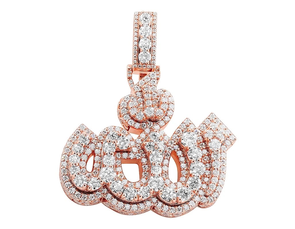 ALLAH PENDANT DIAMOND 10K ROSE GOLD: Allah Pendant Diamond 10K Rose Gold Brand: None Type: Pendant Material: 10K Rose Gold, Main Stone/Creation Natural Color: Rose Gold Size: Dimension L: 2.3", W: 2" Accessories: None Accesso