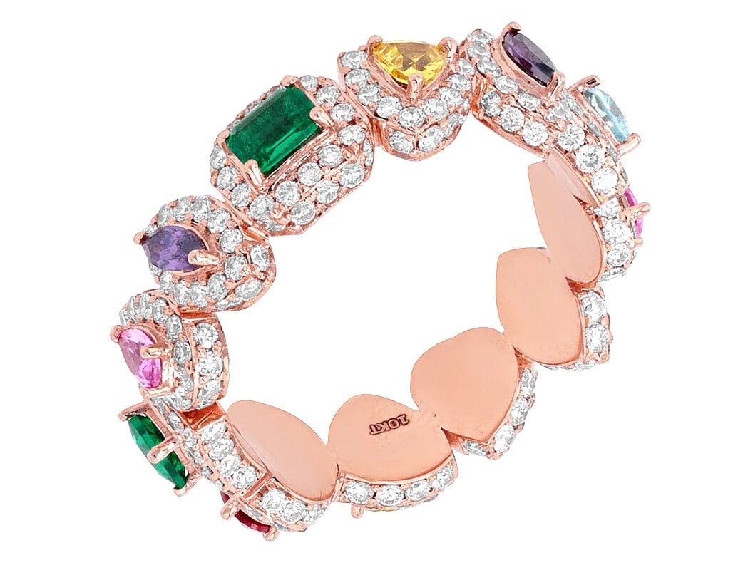 PRISMATIC RAINBOW MULTI GEMS DIAMONDS RING: Prismatic Rainbow Multi Gems Diamonds Ring Brand: None Type: Ring Material: 10K Rose Gold, Main Stone/Creation Natural Color: Main Stone Color White Size: Dimension(s) W 7.5mm, S 8.5 Accessories: N