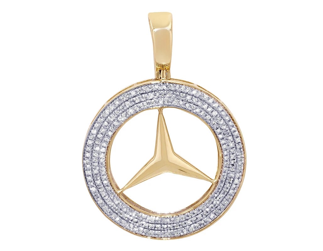 MERCEDES HALO DIAMOND PENDANT 10K YELLOW-WHITE GOLD: Mercedes Halo Diamond Pendant 10K Yellow-White Gold Brand: None Type: Pendant Material: 10K Yellow-White Gold, Main Stone/Creation Natural Color: Yellow-White Size: Dimension 1.6" Accessories: Non