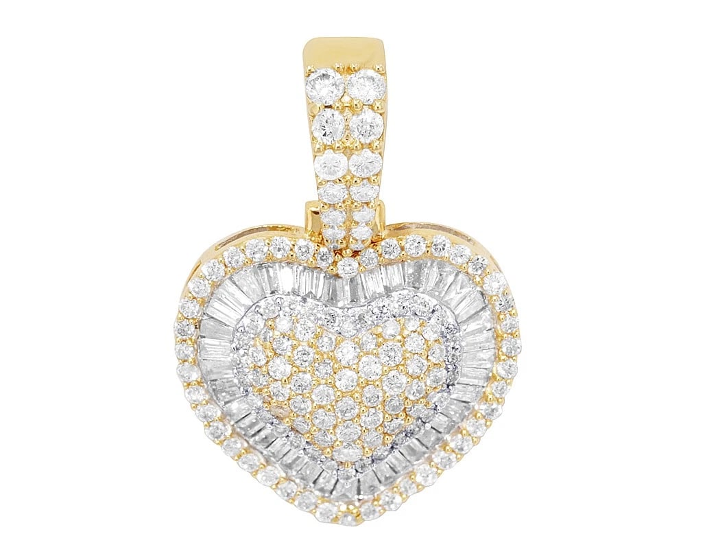 HEART-SHAPED BAGUETTE DIAMOND PENDANT GOLD: Heart-Shaped Baguette Diamond Pendant Gold Brand: None Type: Pendant Material: 10K Yellow Gold, Main Stone/Creation Natural Color: Yellow Gold Size: Dimension L 0.8" W 0.6" H 6.2mm Accessories: No