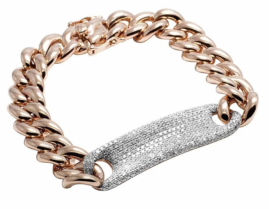 14K ROSE GOLD GENUINE DIAMOND CUBAN BRACELET: 14K Rose Gold Genuine Diamond Cuban Bracelet Brand: None Type: Bracelet Material: 14K Rose Gold, Main Stone/Creation Natural Color: Rose Gold Size: Dimension(s) 11mm wide tag, 46mm tag length, 7 inch 