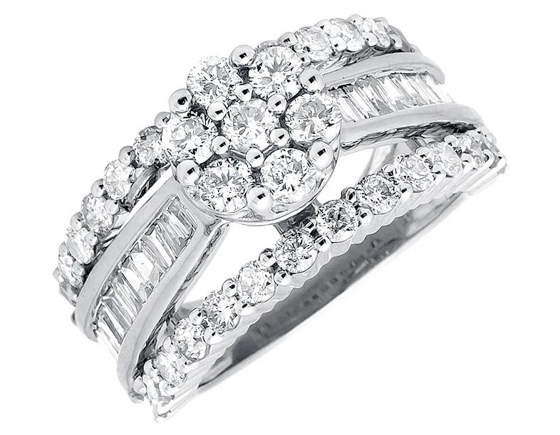 10K WHITE GOLD FLOWER CLUSTER ROUND AND BAGUETTE DIAMOND RING (1 of 3)