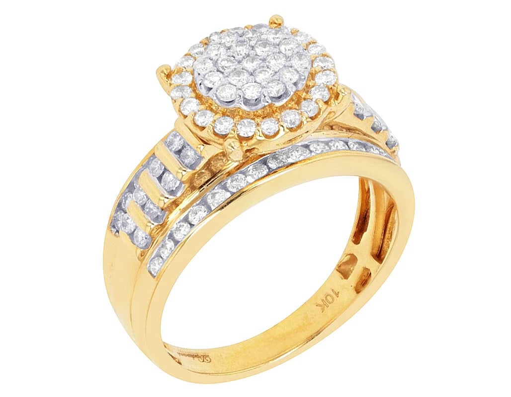 ROUND CLUSTER DIAMOND RING: Round Cluster Diamond Ring Brand: None Type: Ring Material: 10K Yellow-White Gold, Main Stone/Creation Natural Color: Yellow-White Gold Size: 7 US Accessories: None Accessories Notice: When