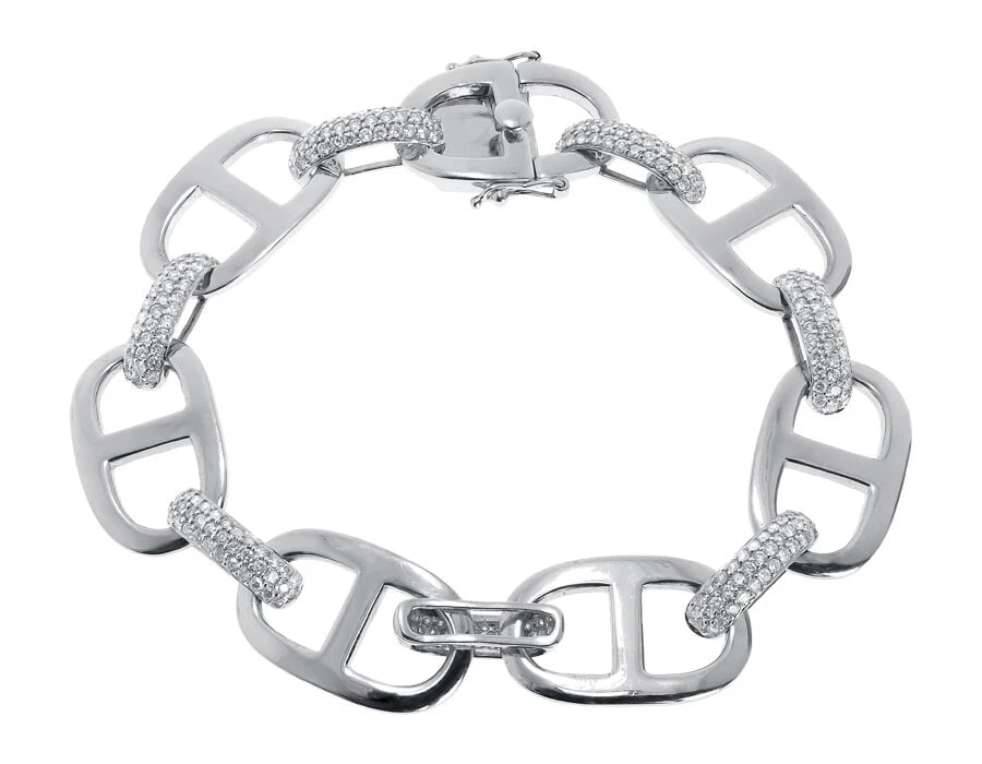 SOLID 14K WHITE GOLD LADIES MARINER LINK ROUND PAVE DIAMOND: Solid 14k White Gold Ladies Mariner Link Round Pave Diamond Brand: None Type: Bracelet Material: 14k White Gold, Main Stone/Creation Natural Color: White Gold Size: Length 7 in Width 13mm
