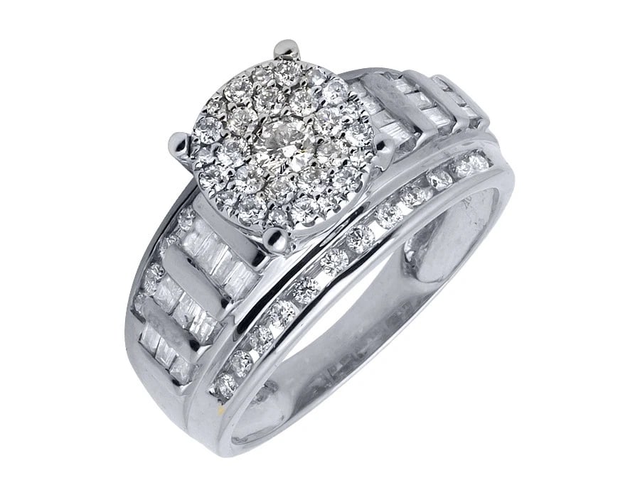 10K WHITE GOLD FLOWER ROUND-CUT AND BAGUETTE DIAMOND RING (1 of 4)