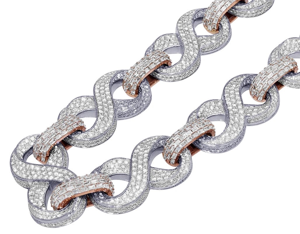 INFINITY LINK DIAMOND CHAIN: Infinity Link Diamond Chain Brand: None Type: Necklace Material: 10k White/Rose Gold, Color: White/Rose Gold Size: Length 22" Width 18mm Accessories: None Accessories Notice: When purchasi