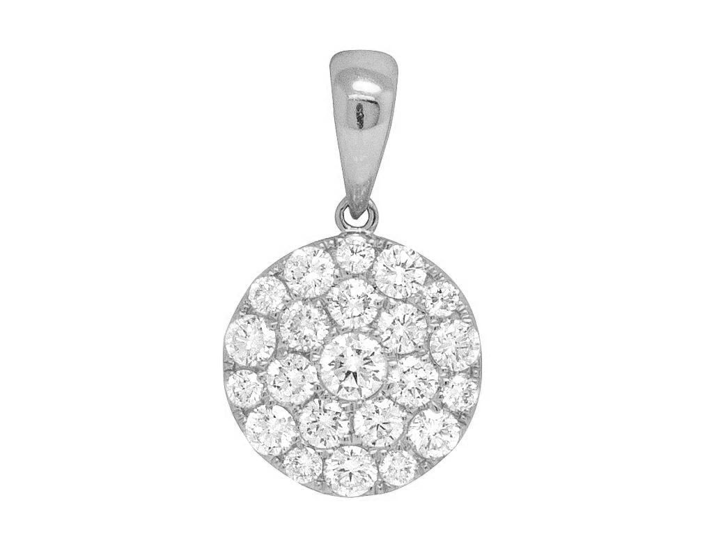 14K LADIES WHITE GOLD DIAMOND ROUND FLOWER CLUSTER PENDANT SET: 14K Ladies White Gold Diamond Round Flower Cluster Pendant Set Brand: None Type: Pendant Material: 14K White Gold, Main Stone/Creation Natural Color: White Gold Size: Dimension 0.75" Accessories: