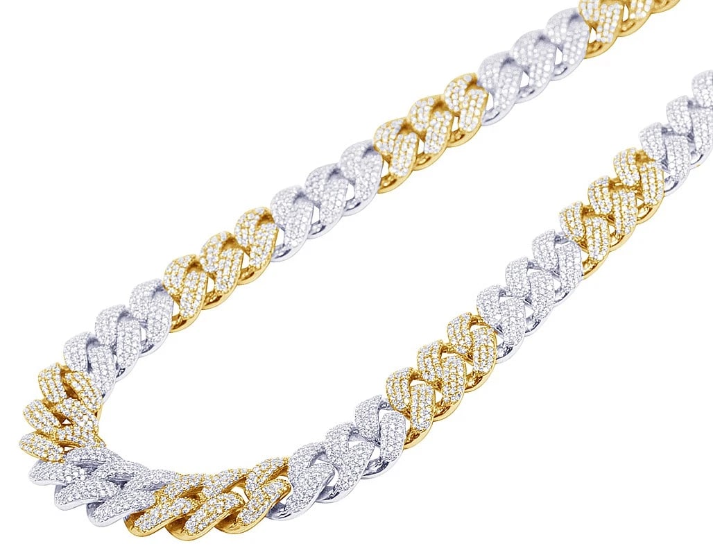 12MM MIAMI CUBAN DIAMOND 10K YELLOW-WHITE GOLD: 12MM Miami Cuban Diamond 10K Yellow-White Gold Brand: None Type: Necklace Material: 10K Yellow-White Gold, Main Stone/Creation Natural Color: Yellow-White Gold Size: Length 18" Width 12MM Accessor