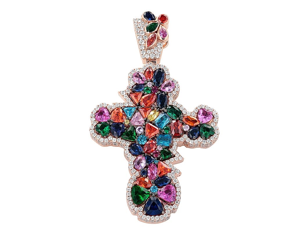 PRISMATIC DIAMOND 3D CROSS PENDANT 10K ROSE GOLD: Prismatic Diamond 3D Cross Pendant 10K Rose Gold Brand: None Type: Pendant Material: 10k Rose Gold, Main Stone/Creation Natural Color: Rose Gold Size: Dimension L 2.2" , W 1.3" Accessories: None <
