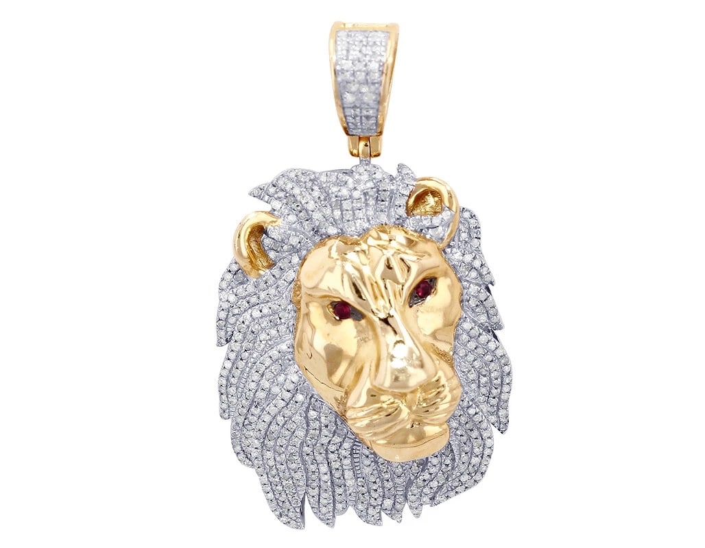 LION FACE DIAMOND PENDANT 10K YELLOW-WHITE GOLD: Lion Face Diamond Pendant 10K Yellow-White Gold Brand: None Type: Pendant Material: 10K Yellow-White Gold, Main Stone/Creation Natural Color: Multi-Tone Size: Dimension 1.8" Accessories: None