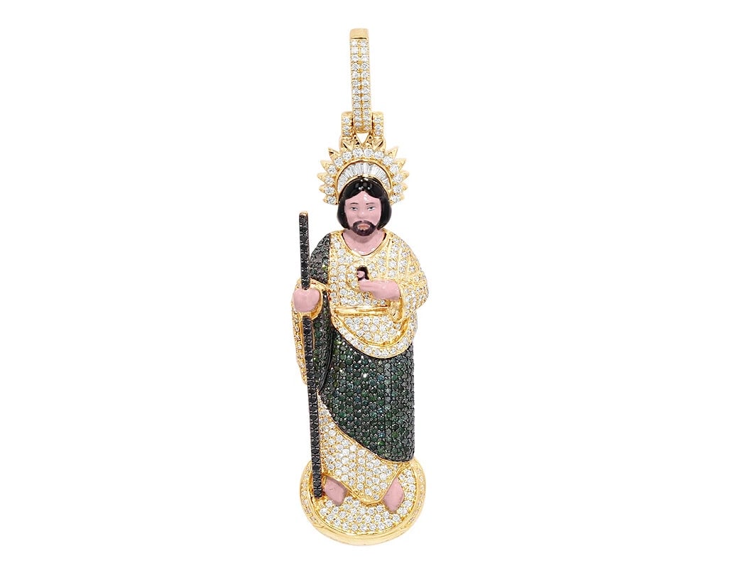 ST JUDE LARGE ENAMEL DIAMOND PENDANT: St Jude Large Enamel Diamond Pendant Brand: None Type: Pendant Material: 10K Yellow Gold, Main Stone/Creation Natural Color: Yellow Gold Size: Dimension L03.2" x W 0.8" Accessories: None A