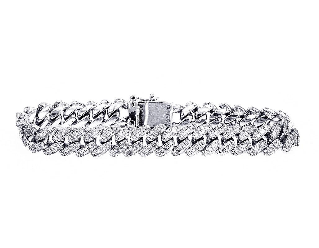BAGUETTE LDIAMOND MIAMI CUBAN LINK BRACELET 10K GOLD: Baguette lDiamond Miami Cuban Link Bracelet 10K Gold Brand: None Type: Bracelet Material: 10k White Gold, Main Stone/Creation Natural Color: White Gold Size: Dimension(s) 12MM 8" Accessories: None