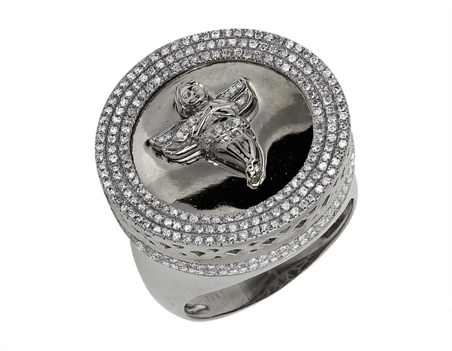 10K WHITE GOLD MINI ANGEL PAVE DIAMOND RING: 10K White Gold Mini Angel Pave Diamond Ring Brand: None Type: Ring Material: 10K White Gold, Main Stone/Creation Natural Color: White Gold Size: 10 US Accessories: None Accessories Notice: