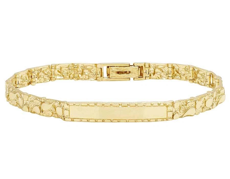 10K YELLOW GOLD NUGGET STYLE SOLID ID BRACELET: 10K Yellow Gold Nugget Style Solid ID Bracelet Brand: Outlet Type: Bracelet Material: 10K Yellow Gold, Color: Yellow Gold Size: Dimension(s) W 7mm , L 8.5" Accessories: None Accessories No