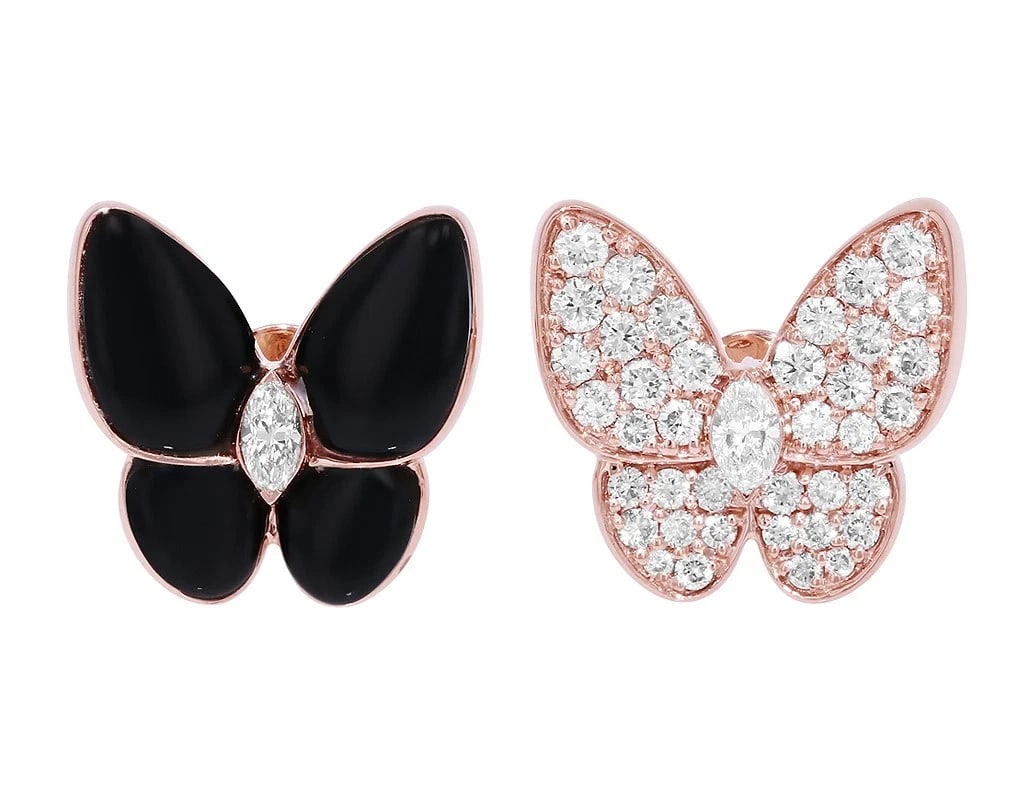 LADIES MARQUISE DIAMOND BUTTERFLY EARRINGS: Ladies Marquise Diamond Butterfly Earrings Brand: None Type: Earrings Material: 14K Rose Gold, Main Stone/Creation Natural Color: Rose Gold Size: Dimension L 15mm x W 19mm Accessories: None