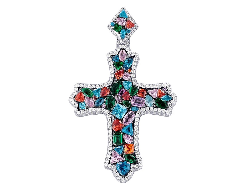 PRISMATIC RAINBOW DIAMONDS 3D CROSS PENDANT: Prismatic Rainbow Diamonds 3D Cross Pendant Brand: None Type: Pendant Material: 10k White Gold, Main Stone/Creation Natural Color: White Gold Size: Dimension L 2.2", W 1.3" Accessories: None <