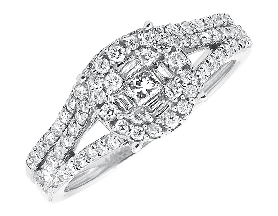 WHITE GOLD BRIDAL CLUSTER DIAMOND SPLIT SHANK RING: White Gold Bridal Cluster Diamond Split Shank Ring Brand: None Type: Ring Material: 14K White Gold, Main Stone/Creation Natural Color: White Gold Size: 7 US Accessories: None Accessories N