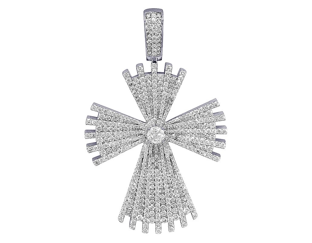 CENTER 1 CT SOLITAIRE SUNBURST CROSS DIAMOND PENDANT: Center 1 CT Solitaire Sunburst Cross Diamond Pendant Brand: None Type: Pendant Material: 14K White Gold, Main Stone/Creation Natural Color: White Gold Size: Dimension L 3.2" , W 2" Accessories: No