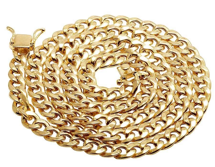 MENS 10K YELLOW GOLD HOLLOW MIAMI CUBAN LINK CHAIN: Mens 10K Yellow Gold Hollow Miami Cuban Link Chain Brand: None Type: Necklace Material: 10K Yellow Gold, Color: Yellow Gold Size: Length 26 in Width 7mm Accessories: None Accessories Notic