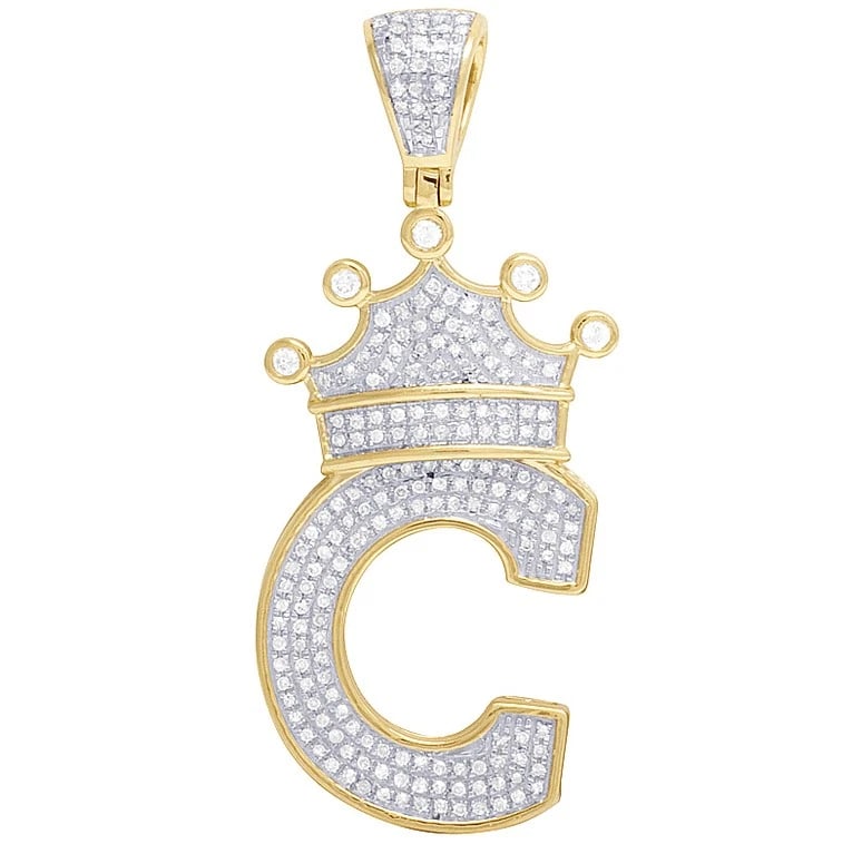 UNISEX 10K YELLOW GOLD DIAMOND TILTED CROWN INITIAL "C" PENDANT: Unisex 10K Yellow Gold Diamond Tilted Crown Initial "C" Pendant Brand: None Type: Pendant Material: 10K Yellow Gold, Main Stone/Creation Natural Color: Yellow Gold Size: Dimension 1.8" Accessories
