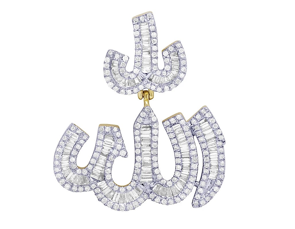 SOLID 10K YELLOW GOLD DIAMOND BAGUETTE ALLAH PENDANT: Solid 10K Yellow Gold Diamond Baguette Allah Pendant Brand: None Type: Pendant Material: 10K Yellow Gold, Main Stone/Creation Natural Color: Yellow Gold Size: Dimension 1.2" Accessories: None
