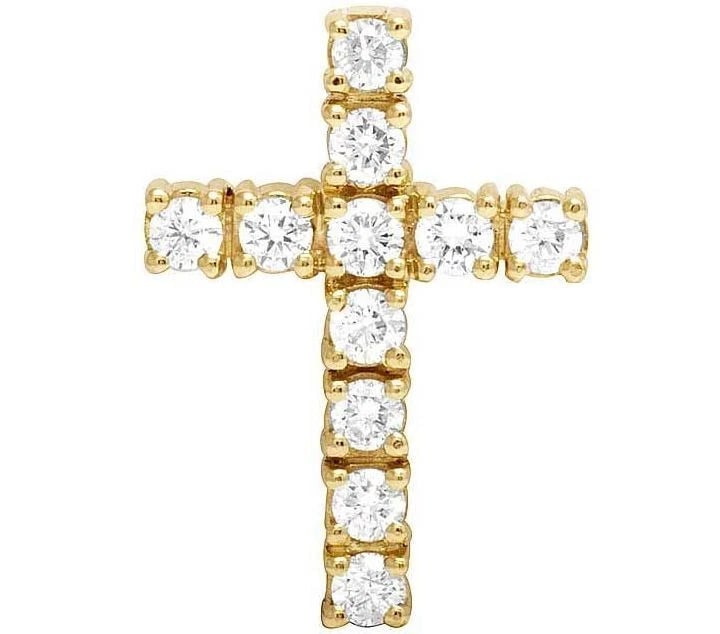 14K YELLOW GOLD GENUINE DIAMOND ONE ROW SOLITAIRE CROSS PENDANT: 14K Yellow Gold Genuine Diamond One Row Solitaire Cross Pendant Brand: None Type: Pendant Material: 14K Yellow Gold, Main Stone/Creation Natural Color: Yellow Gold Size: Dimension 1.25" Accessorie