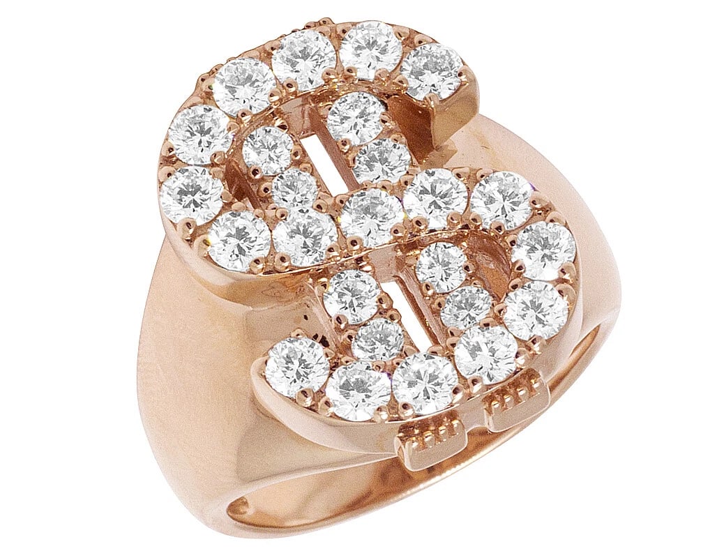 MENS 14K ROSE GOLD DOLLAR SIGN DIAMOND PRONG PINKY RING: Mens 14K Rose Gold Dollar Sign Diamond Prong Pinky Ring Brand: None Type: Ring Material: 14K Rose Gold, Main Stone/Creation Natural Color: Rose Gold Size: 10 US Accessories: None Accessori