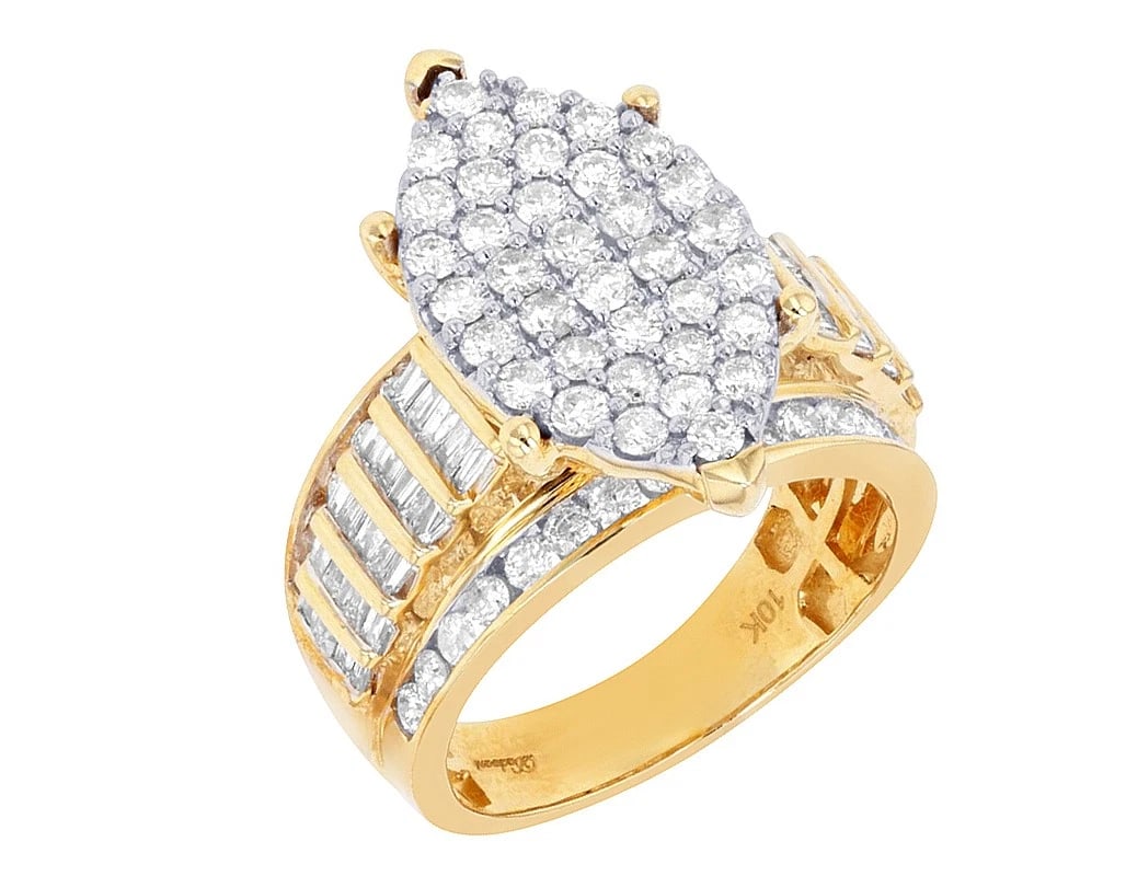 OVAL CLUSTER BAGUETTE DIAMOND RING: Oval Cluster Baguette Diamond Ring Brand: None Type: Ring Material: 10K Yellow Gold, Main Stone/Creation Natural Color: Yellow Gold Size: 7 US Accessories: None Accessories Notice: When pu
