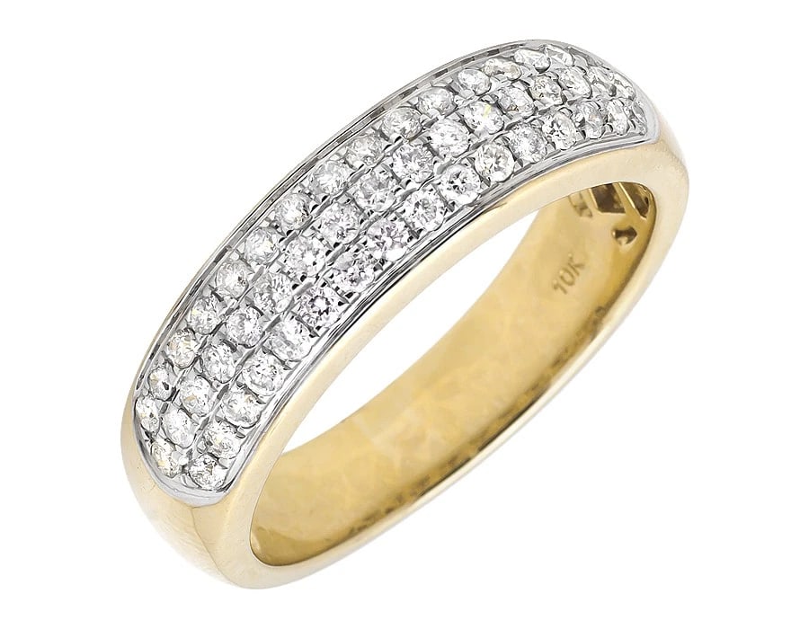 SOLID 10K YELLOW GOLD THREE ROWS PAVE GENUINE DIAMOND RING BAND: Solid 10K Yellow Gold Three Rows Pave Genuine Diamond Ring Band Brand: None Type: Ring Material: 10K Yellow Gold, Main Stone/Creation Natural Color: Yellow Gold Size: 10 US Accessories: None <