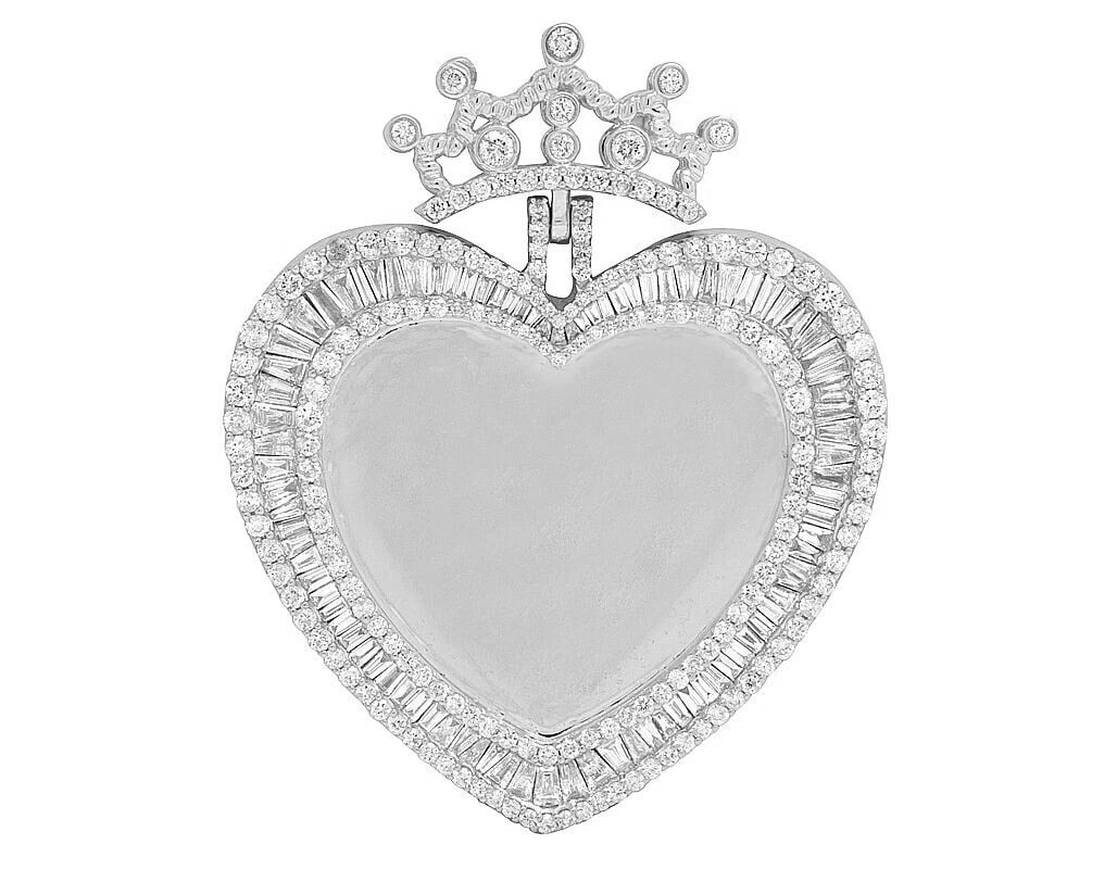 WHITE GOLD MEMORY HEART BAGUETTE DIAMOND PENDANT: White Gold Memory Heart Baguette Diamond Pendant Brand: None Type: Pendant Material: 10k White Gold, Main Stone/Creation Natural Color: White Gold Size: Dimension 2" Accessories: None Acce