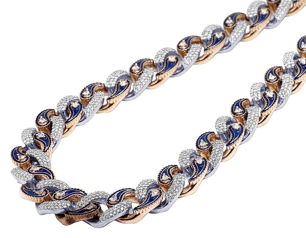 10K ROSE-WHITE GOLD PEAR SHAPED DIAMOND CHAIN: 10k Rose-White Gold Pear shaped Diamond Chain Brand: None Type: Necklace Material: 10k Rose-White Gold, Main Stone/Creation Natural Color: Multi-Tone Size: Length 22" Width 17MM Accessories: None