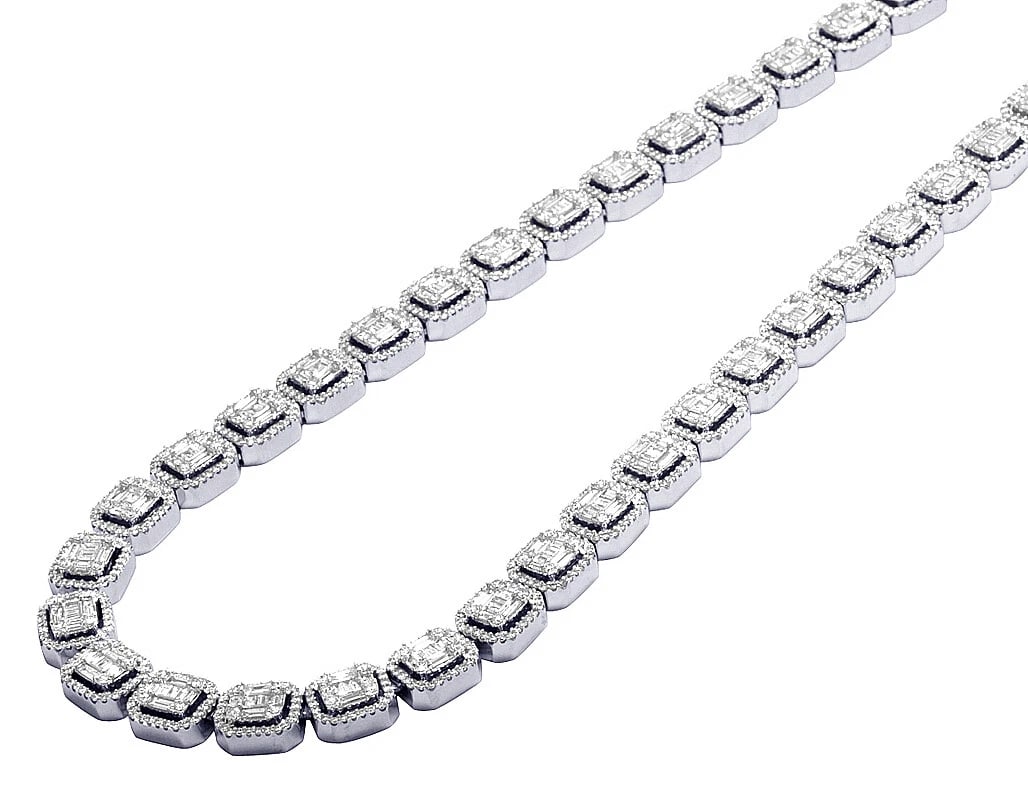 14K WHITE GOLD HALO BAGUETTE DIAMOND CHAIN NECKLACE: 14K White Gold Halo Baguette Diamond Chain Necklace Brand: None Type: Necklace Material: 14K White Gold, Main Stone/Creation Natural Color: White Gold Size: Length 22" Width 9MM Accessories: None