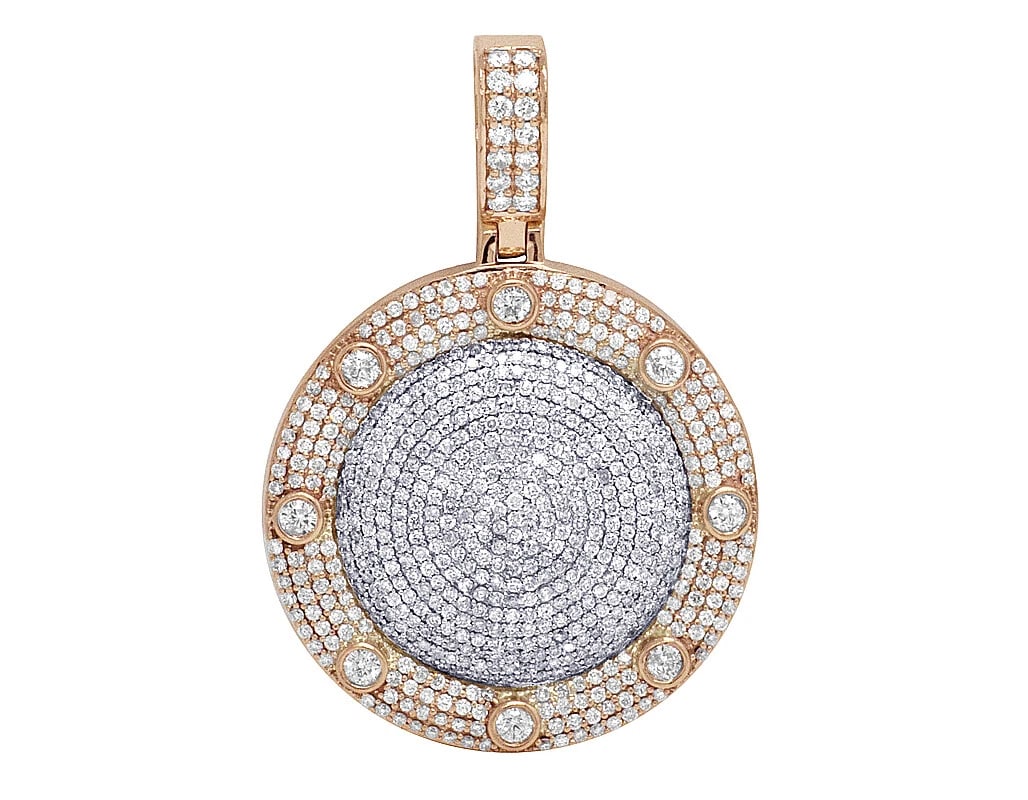 ROSE/ WHITE GOLD PUFF PILLOW DOME ROUND DIAMOND PENDANT: Rose/ White Gold Puff Pillow Dome Round Diamond Pendant Brand: None Type: Pendant Material: 10k Rose/ White Gold, Main Stone/Creation Natural Color: Multi-Tone Size: Dimension 1.75" Accessories: N