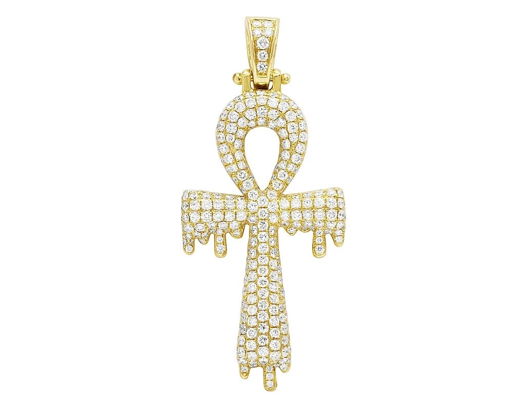 10K YELLOW GOLD DIAMOND ANKH DRIPPING PENDANT: 10K Yellow Gold Diamond Ankh Dripping Pendant Brand: None Type: Pendant Material: 10K Yellow Gold, Main Stone/Creation Natural Color: Yellow Gold Size: Dimension 2" Accessories: None Acces