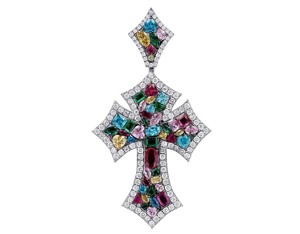 PRISMATIC RAINBOW DIAMONDS 3D CROSS PENDANT: Prismatic Rainbow Diamonds 3D Cross Pendant Brand: None Type: Pendant Material: 10K White Gold, Main Stone/Creation Natural Color: White Gold Size: Dimension L 2.5" , W 1.4" Accessories: None
