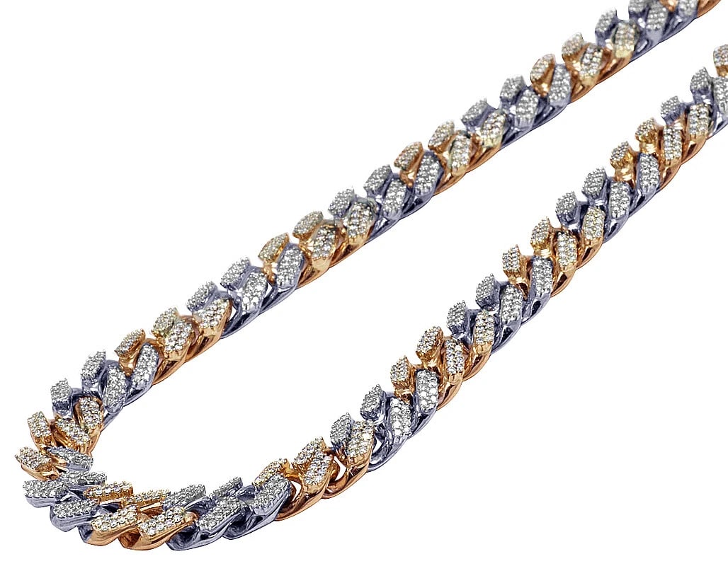MENS ROSE/ WHITE GOLD PRONG MIAMI CUBAN DIAMOND NECKLACE CHAIN: Mens Rose/ White Gold Prong Miami Cuban Diamond Necklace Chain Brand: None Type: Necklace Material: 10k Rose/ White Gold, Main Stone/Creation Natural Color: Rose/ White Gold Size: Length 23.5" Width 1