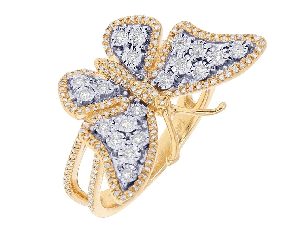 BUTTERFLY CLUSTER DIAMOND BAND RING 14K YELLOW GOLD: Butterfly Cluster Diamond Band Ring 14k Yellow Gold Brand: None Type: Ring Material: 14k Yellow Gold, Main Stone/Creation Natural Color: Yellow Gold Size: 7 US Accessories: None Accessorie