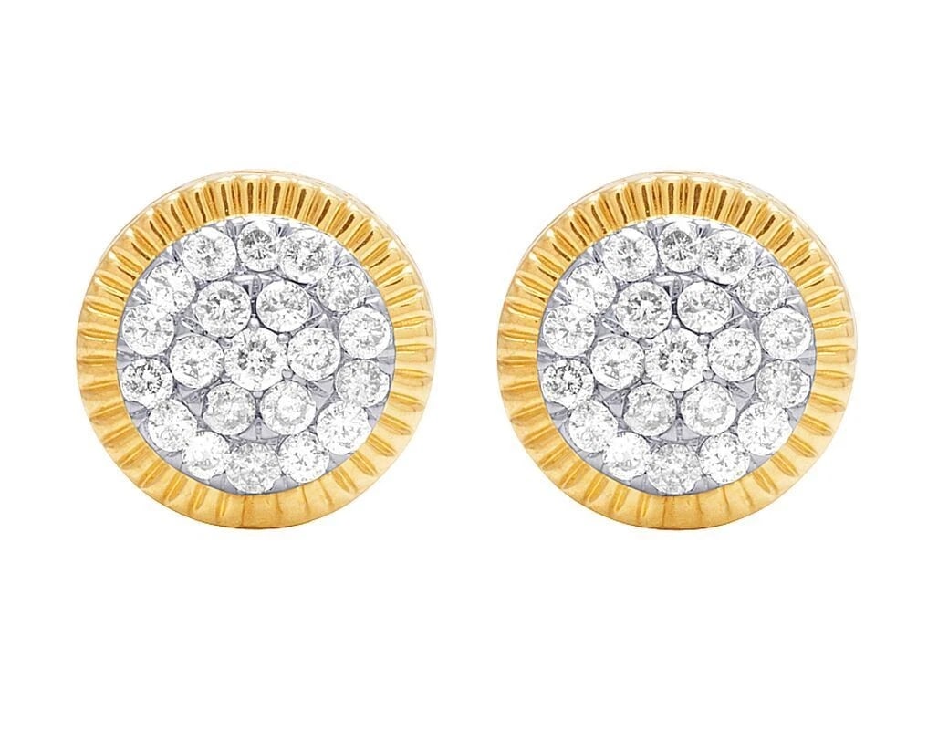 10K YELLOW GOLD DIAMOND FLUTED FRAME CLUSTER EARRING: 10K Yellow Gold Diamond Fluted Frame Cluster Earring Brand: None Type: Earrings Material: 10K Yellow Gold, Main Stone/Creation Natural Color: Yellow Gold Size: Dimension(s)14MM Accessories: None <
