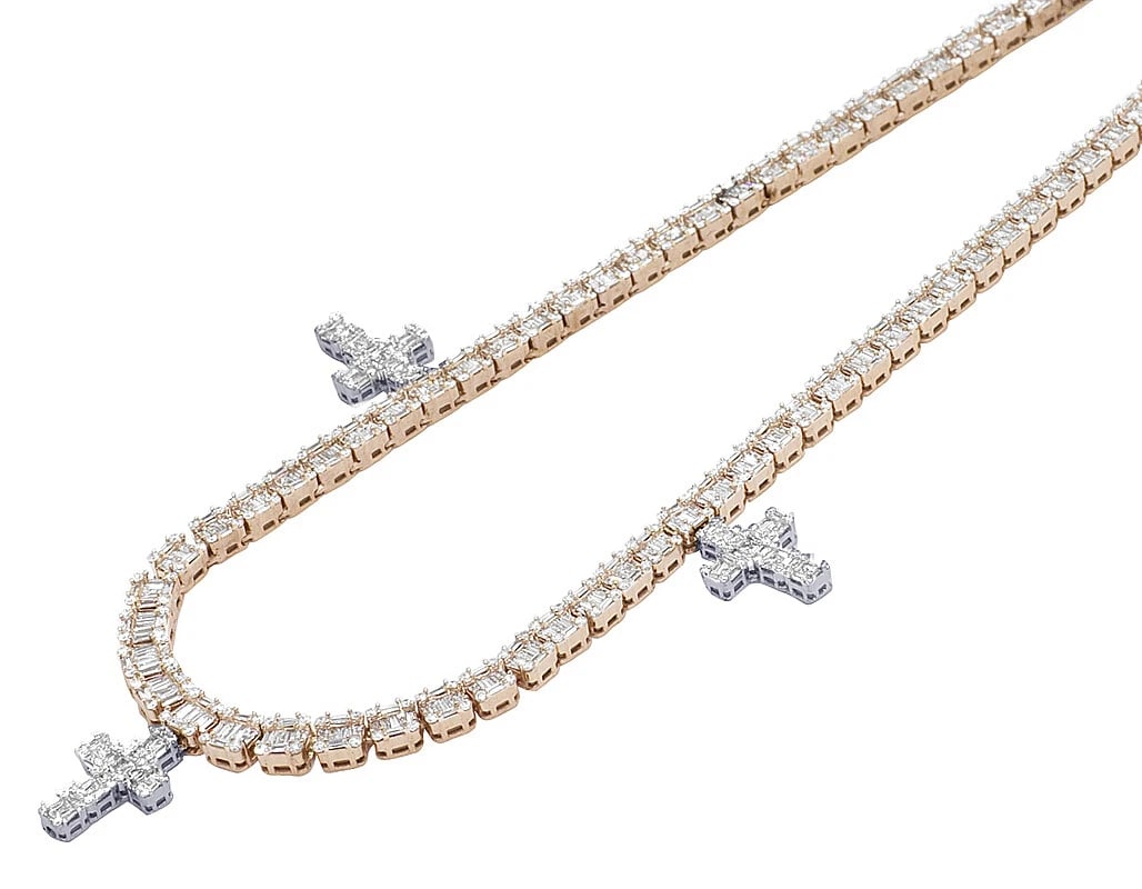 10K ROSE GOLD DIAMOND BAGUETTE TENNIS CROSS CHARM NECKLACE: 10K Rose Gold Diamond Baguette Tennis Cross Charm Necklace Brand: None Type: Necklace Material: 10K Rose Gold, Main Stone/Creation Natural Color: Rose Gold Size: Length 20 in Width 5mm Accessories