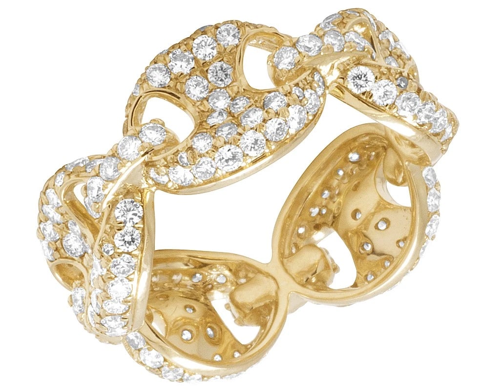 14K YELLOW GOLD ETERNITY ANCHOR MARINER LINK DIAMOND ICED RING: 14K Yellow Gold Eternity Anchor Mariner Link Diamond Iced Ring Brand: None Type: Ring Material: 14K Yellow Gold, Main Stone/Creation Natural Color: Yellow Gold Size: 11 US Accessories: None