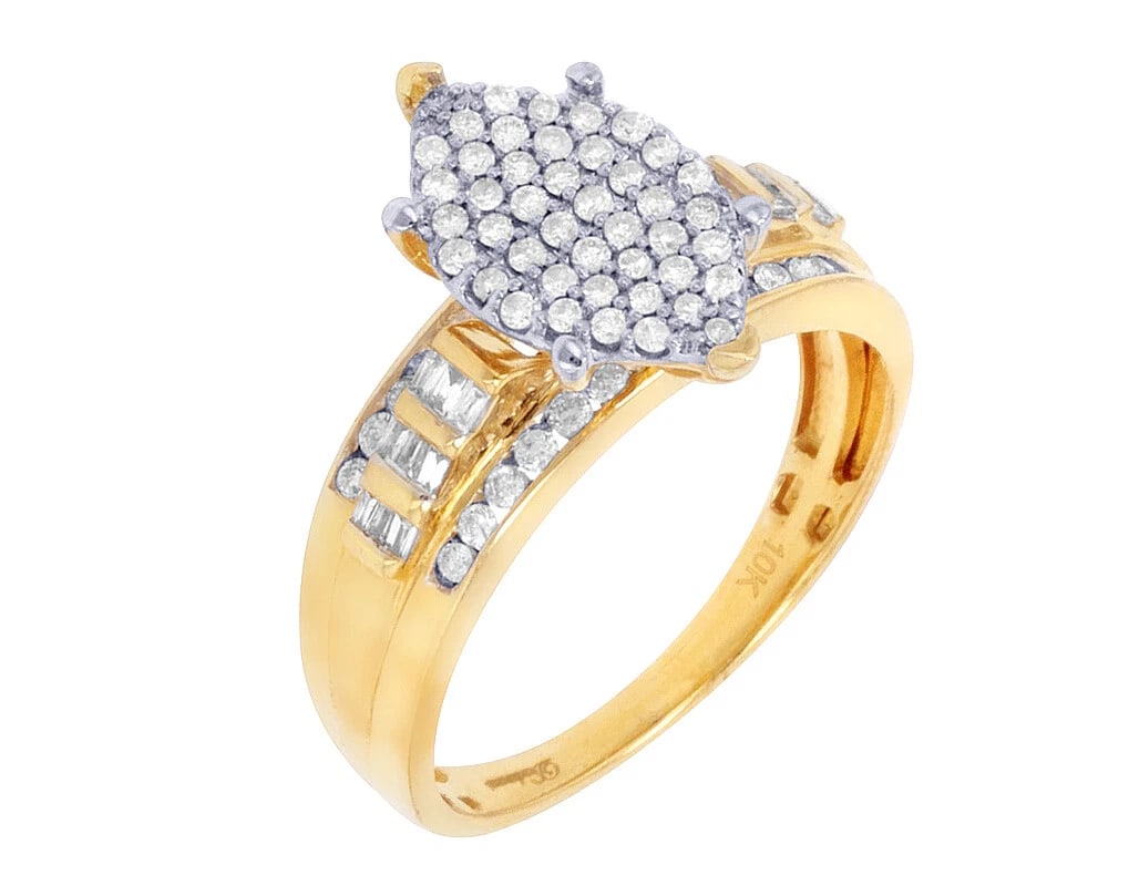 SQUARE CLUSTER N BAGUETTE DIAMOND RING: Square Cluster n Baguette Diamond Ring Brand: None Type: Ring Material: 10k Yellow White Gold, Main Stone/Creation Natural Color: Main Stone Color White Size: 7 US Accessories: None Accessories