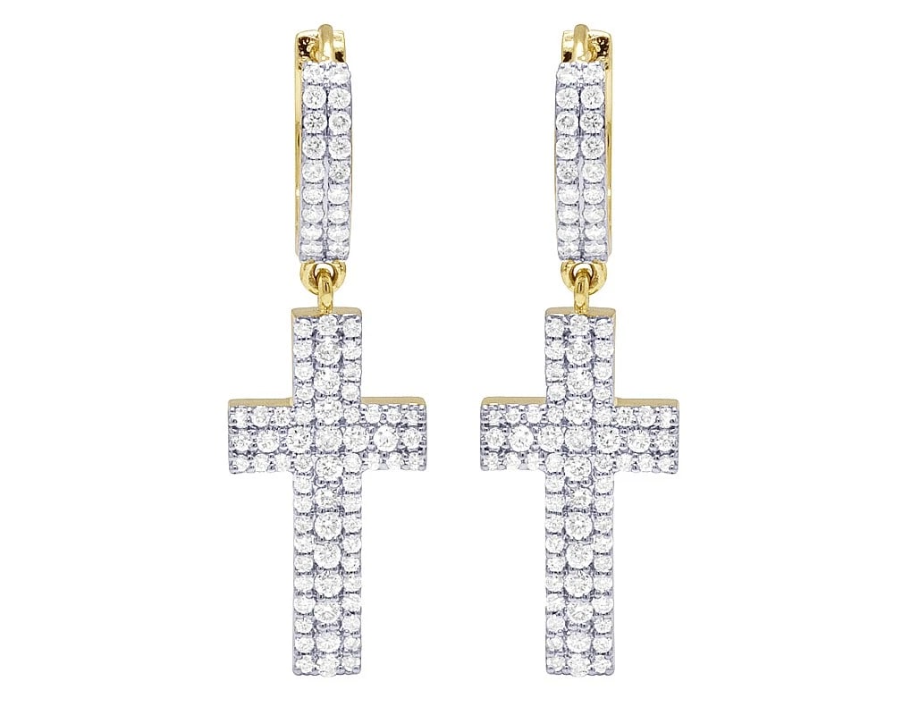 LADIES 10K YELLOW GOLD DIAMOND HOOP CROSS DANGLE EARRING: Ladies 10K Yellow Gold Diamond Hoop Cross Dangle Earring Brand: None Type: Earrings Material: 10K Yellow Gold, Main Stone/Creation Natural Color: Yellow Gold Size: Dimension 35mm Accessories: None