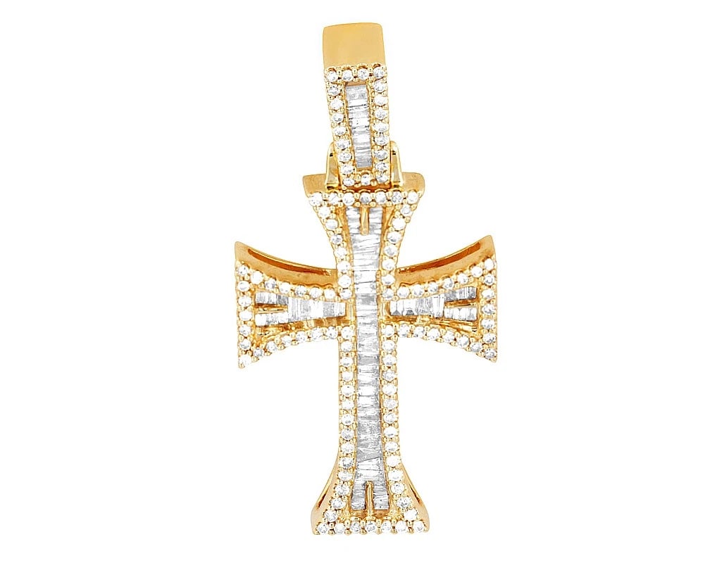 BAGUETTE DIAMOND CROSS PENDANT 10K YELLOW GOLD: Baguette Diamond Cross Pendant 10K Yellow Gold Brand: None Type: Pendant Material: 10K Yellow Gold, Main Stone/Creation Natural Color: Yellow Gold Size: Dimension L 1.7" W 23 mm Accessories: None
