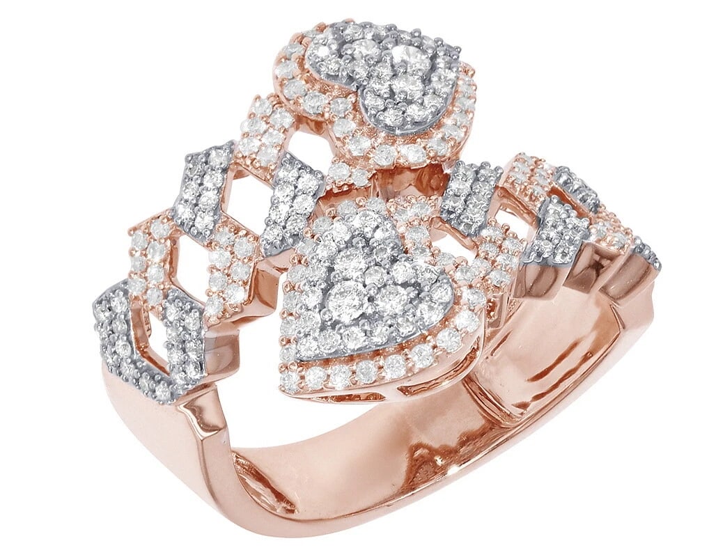 LADIES HEART CUBAN DIAMOND RING 10K ROSE-WHITE GOLD: Ladies Heart Cuban Diamond Ring 10K Rose-White Gold Brand: None Type: Ring Material: 10K Rose-White Gold, Main Stone/Creation Natural Color: Rose-White Gold Size: 7 US Accessories: None Accessories
